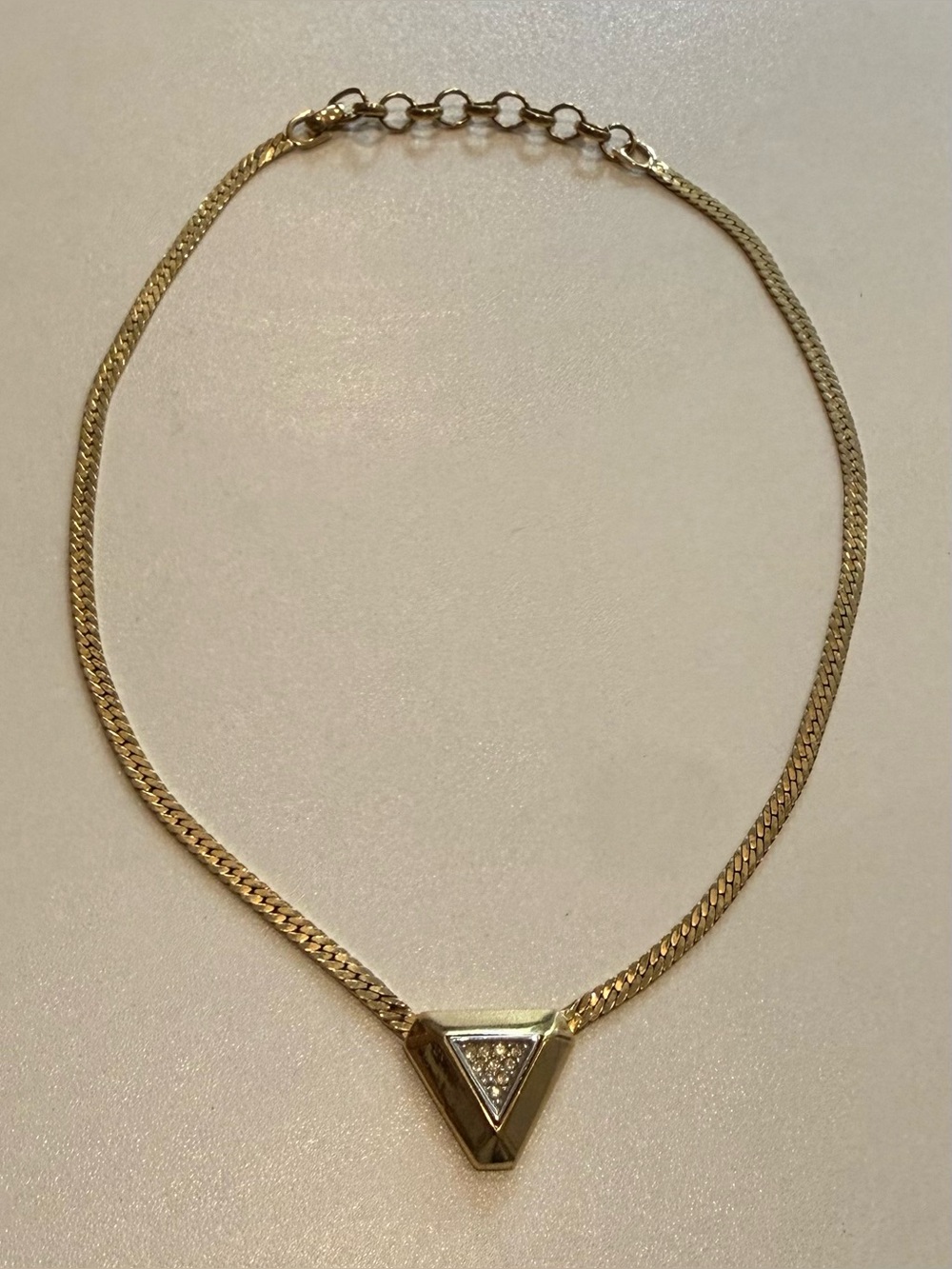 Christian Dior Vintage Gold Triangle Pendant Necklace with CZ Accent
